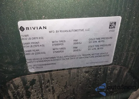 2022 Rivian R1T Adventure из США, поврежденный, VIN 7FCTGAAA8NN008650